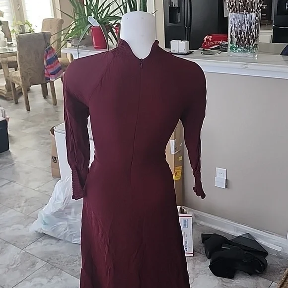 REFORMATION EUC BURGUNDY HI NECK LEG SPLIT SEXY AF ALINE DRESS